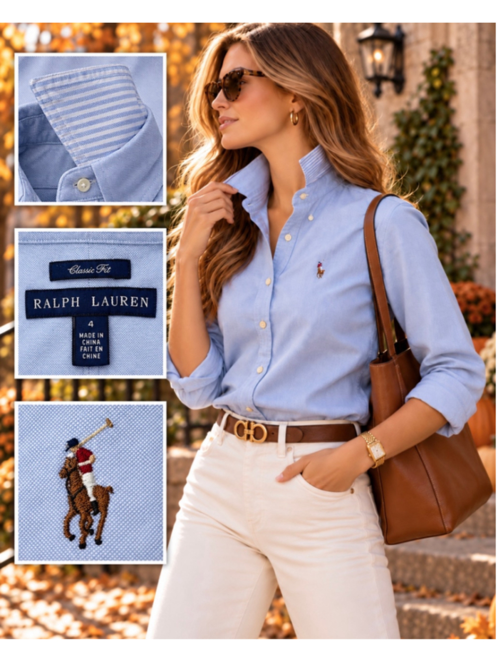 Ralph Lauren Women’s Size 4 Classic Fit Blue Oxford Contrast Collar Shirt Flaws